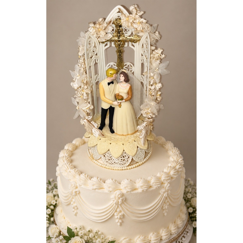 Vintage Wilton 10" Wedding Cake Topper Bride Groom Chapel Gold Cross Floral READ